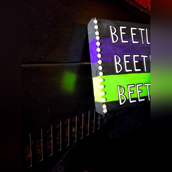 Handmade Solid 1" Wooden Beetlejuice Hanging Sign Decor Black Green Purple - Picture 10 of 11